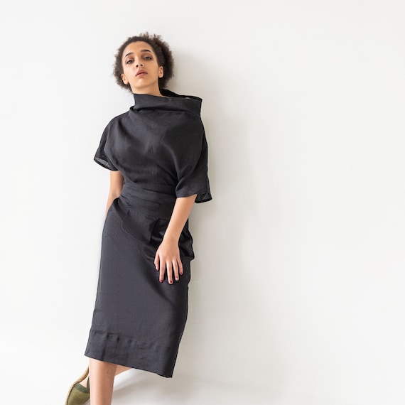 Black Linen Cowl Neck Dress, Avant Garde Kimono Style