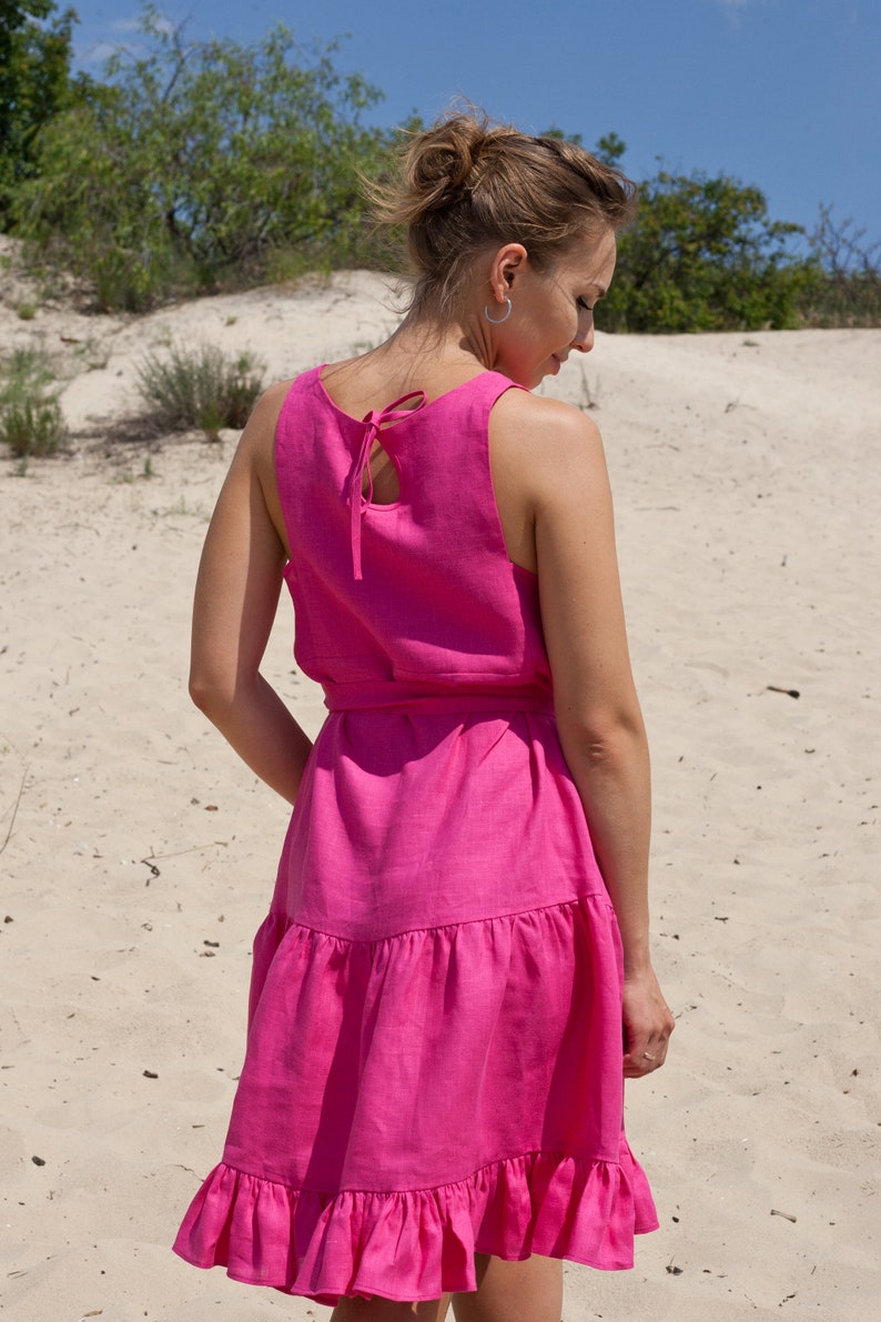 Hot pink linen dress, Linen dresses for women, Fuchsia Ruffled summer clothing, Belted sleeveless casual designer linen clothing