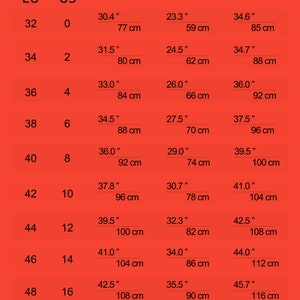 May include: Size guide chart with European (EU) and US sizing for women's clothing. The chart shows bust, waist, and hip measurements in inches and centimeters.