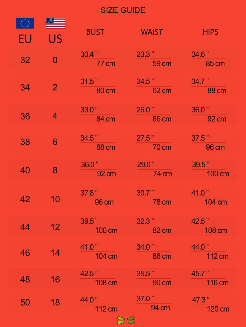 May include: Size guide chart with European (EU) and US sizing for women's clothing. The chart shows bust, waist, and hip measurements in inches and centimeters.