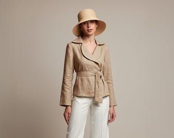 Mocca Linen Belted Kimono Jacket, Wooden Buttons