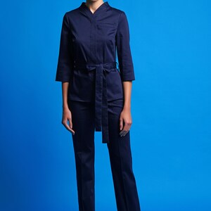 Cotton jacket and pants set, Work clothes spa, Casual pants suit women, High neck jacket and straight pants for women, Jumpsuit women