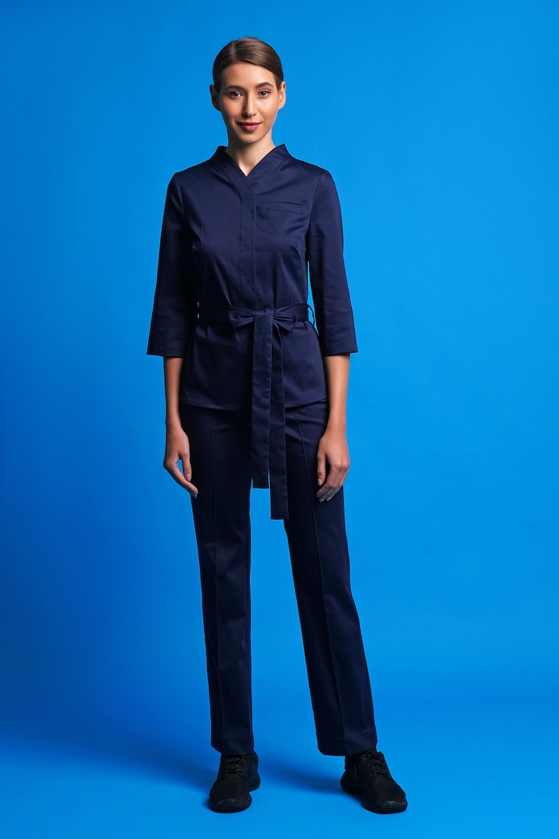 Cotton jacket and pants set, Work clothes spa, Casual pants suit women, High neck jacket and straight pants for women, Jumpsuit women