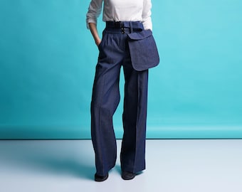 Wide leg palazzo jeans women with waist bag, Blue high waist baggy jeans womens, Natural loose pants women, High rise cotton trousersMERCES