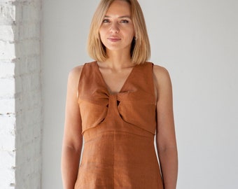 Linen dress with cut out, Tan cocktail dress summer, Homecoming dress, Wedding guest dress, Mini dresses for women, Linen clothing MERCES