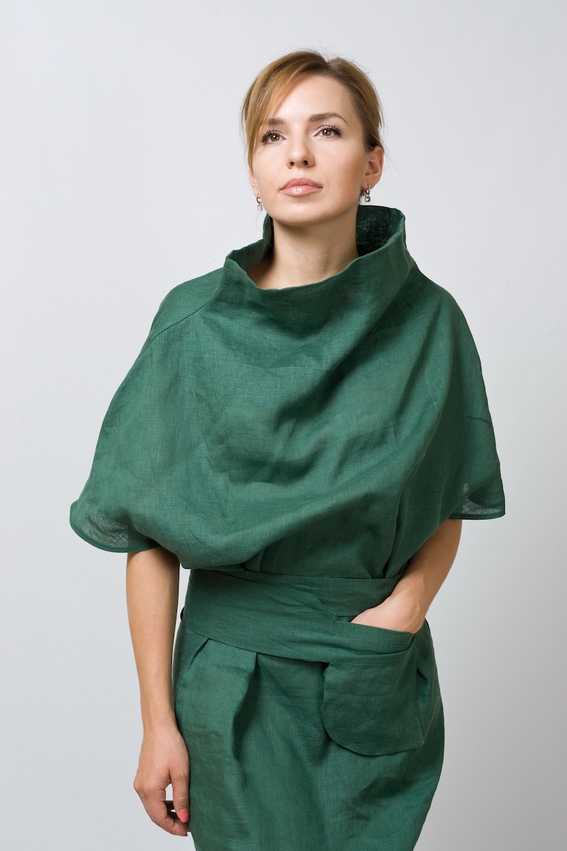 Avant garde dress, Linen kimono dress, Green linen dresses for women, Linen clothing, Funnel neck cowl dress, Avant garde clothing