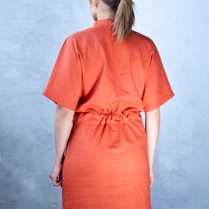 Linen utility dress, Orange mockneck dress, Kimono dresses for women, High neck Safari dress, Casual Minimalist Stand collar dress