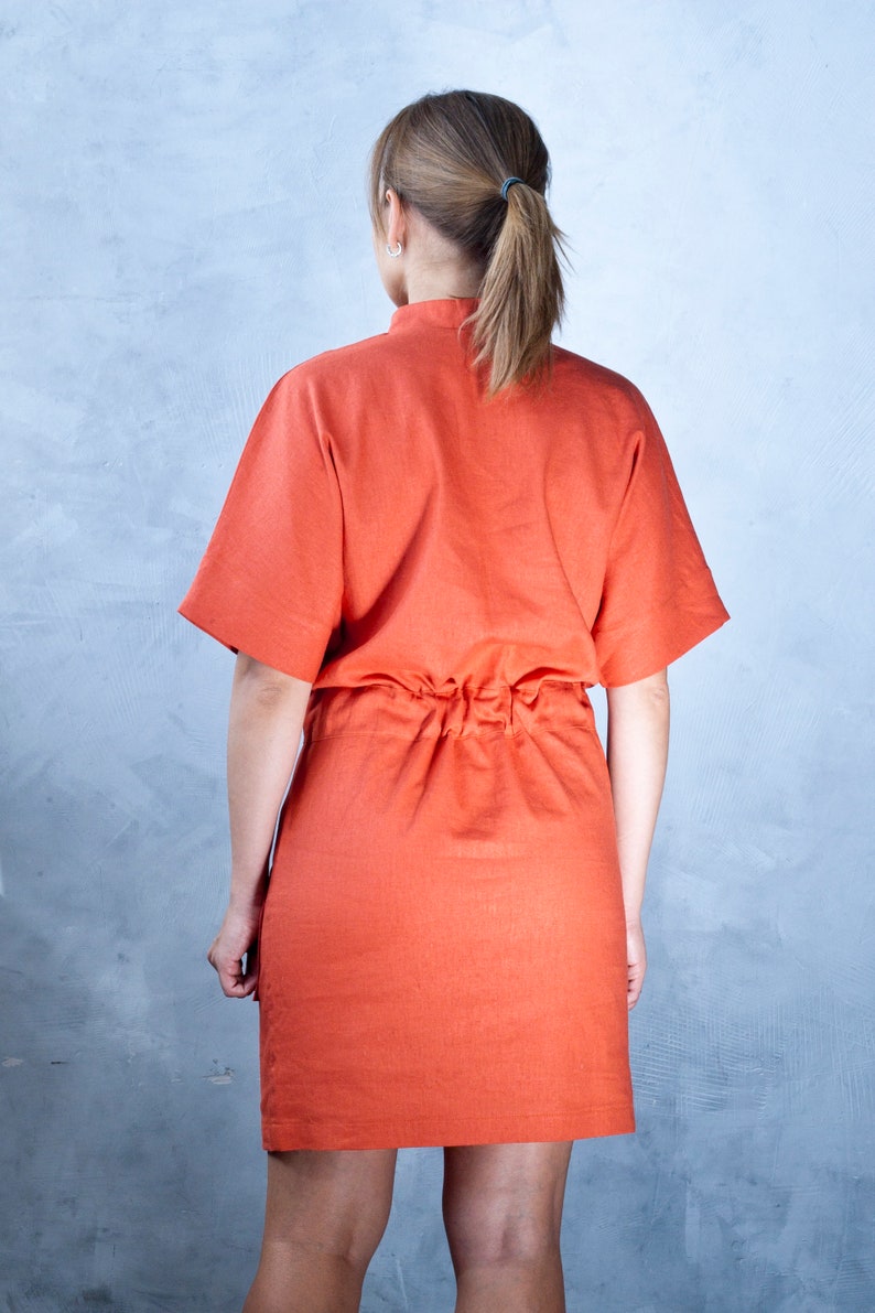 Linen utility dress, Orange mockneck dress, Kimono dresses for women, High neck Safari dress, Casual Minimalist Stand collar dress