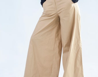 Wide leg palazzo pants women, Beige summer high waist baggy jeans womens, Natural loose pants women, Safari high rise cotton trousers MERCES