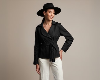 Black Linen Kimono Jacket, Belted Wrap Blazer Women, Wooden Button Jacket, Minimalist Linen Blazer, Japanese Style Jacket, Summer Outerwear