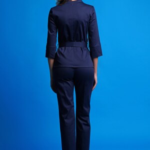 Cotton jacket and pants set, Work clothes spa, Casual pants suit women, High neck jacket and straight pants for women, Jumpsuit women