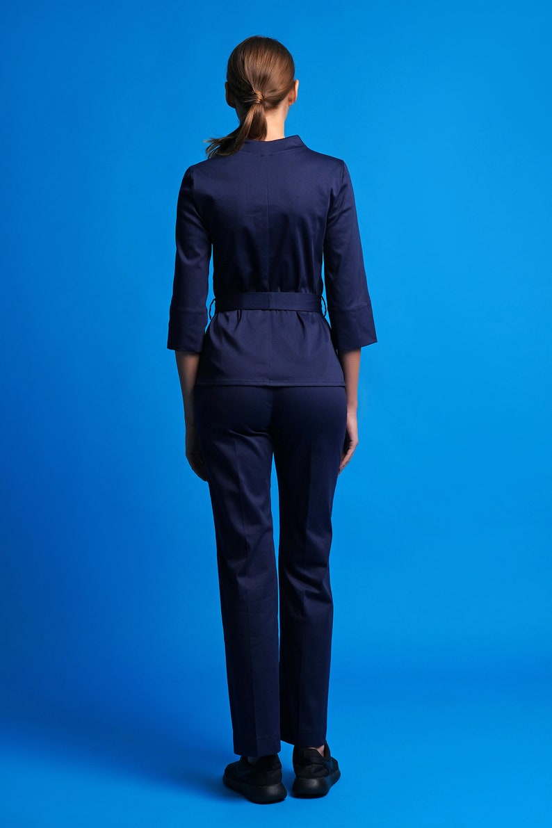 Cotton jacket and pants set, Work clothes spa, Casual pants suit women, High neck jacket and straight pants for women, Jumpsuit women