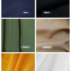 May include: Six fabric swatches in different colours: navy, black, green, mocca, yellow, and white.