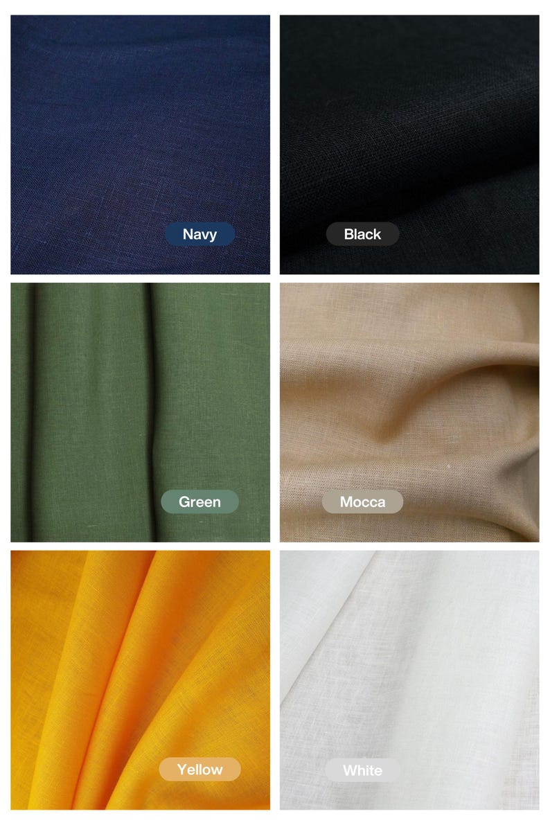 May include: Six fabric swatches in different colours: navy, black, green, mocca, yellow, and white.