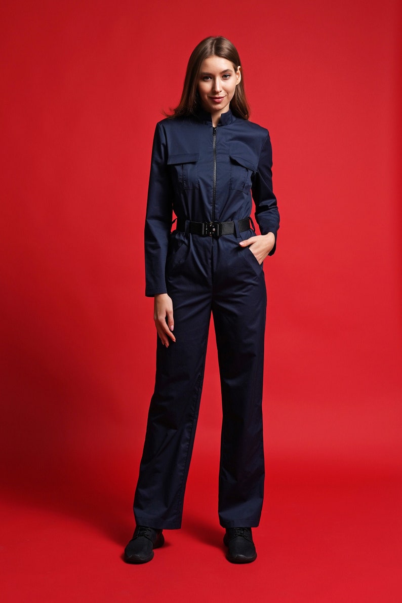 Military women coveralls, Blue cotton jumpsuits for women, Turtleneck one piece romper women, Longsleeve jumsuit women MERCES ukraine shops image 1