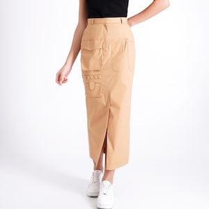 Summer long skirt cargo pocket, Beige utility skirt, High rise cotton skirt women, Futuristic skirt maxi, Avant grade clothing MERCES