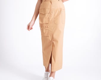 Beige Maxi Skirt, High Rise Cotton Utility Skirt with Cargo Pockets