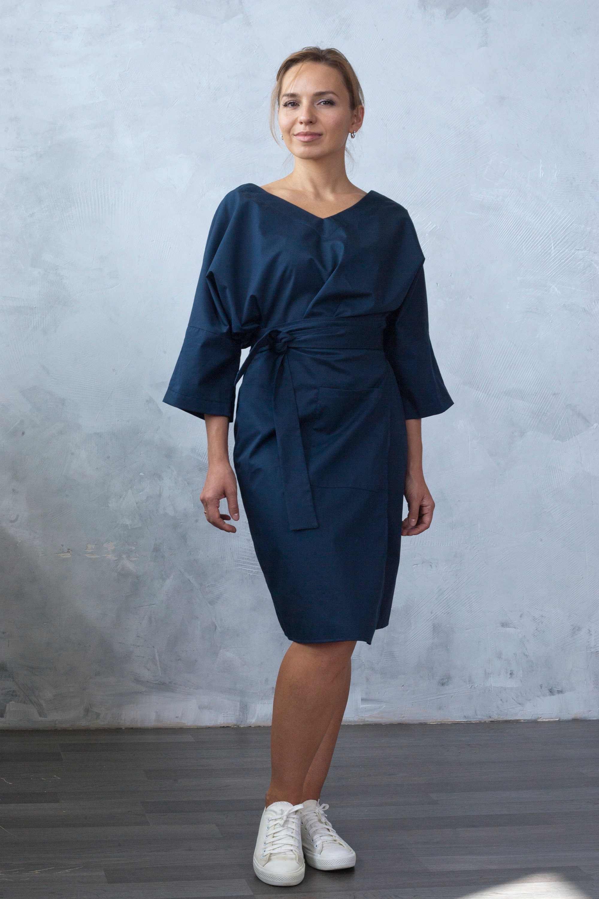 Navy Dolman Dress Women, Cotton Wrap Dress, Kimono Dresses
