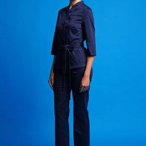Cotton jacket and pants set, Work clothes spa, Casual pants suit women, High neck jacket and straight pants for women, Jumpsuit women