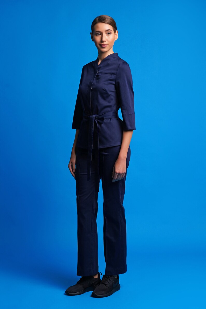 Cotton jacket and pants set, Work clothes spa, Casual pants suit women, High neck jacket and straight pants for women, Jumpsuit women