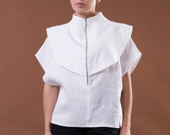 White Avant Garde Shirt Women, High Neck Linen Shirt Modern Kimono