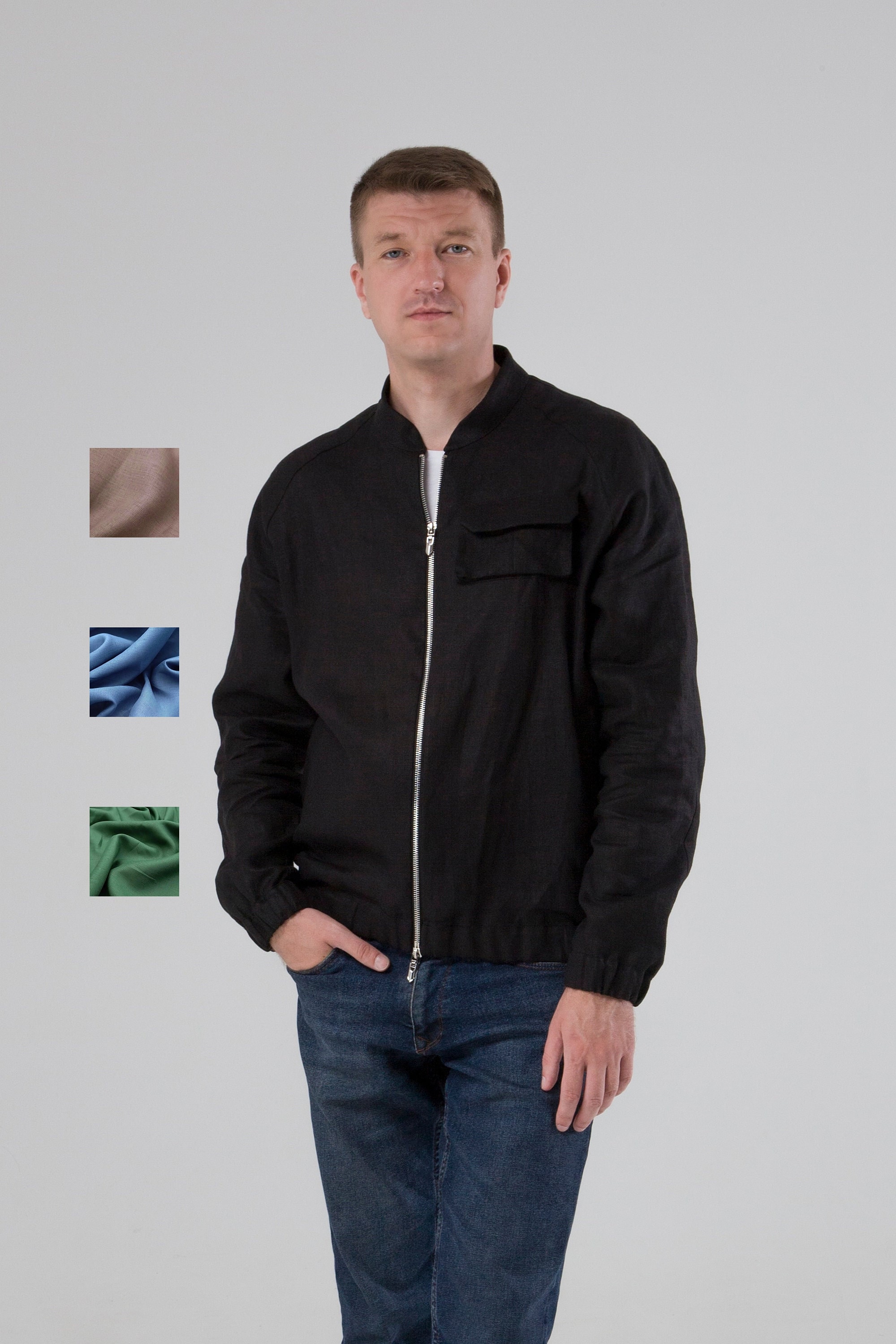 Giubbotto bomber in lino da uomo, bomber con colletto a fascia nero, regalo per lui, giacca in lino, cappotto in lino da uomo, giacca da baseball da esterno primavera estate autunno