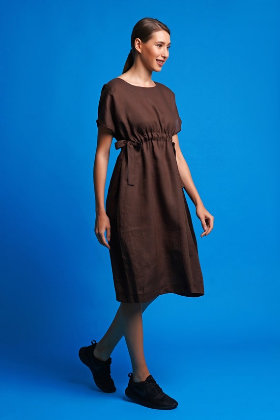 Linen Kimono Dress Empire Waist Dress Tie Midi Linen Batwing Dress Casual Dresses for Women Brown Draped Dress Linen Clothing MERCES Etsy UK