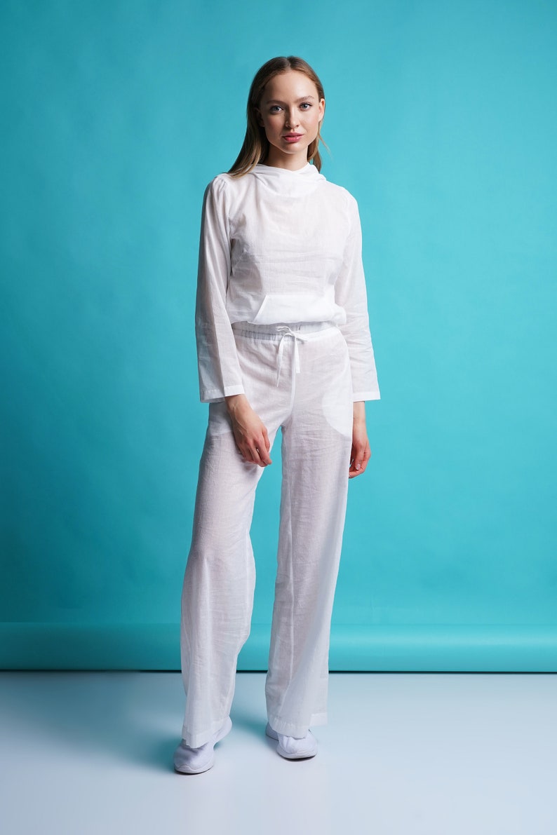Flowy white beach pants women, Cotton wide leg summer pants, High waist palazzo pants, Elastic waist Relaxed fit pants, Sheer pants