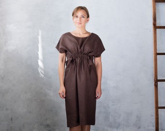 Brown Linen dress midi, Avant garde dress, Drawstring waist linen dress, Womens clothing Pure linen dresses Summer dress contemporary MERCES