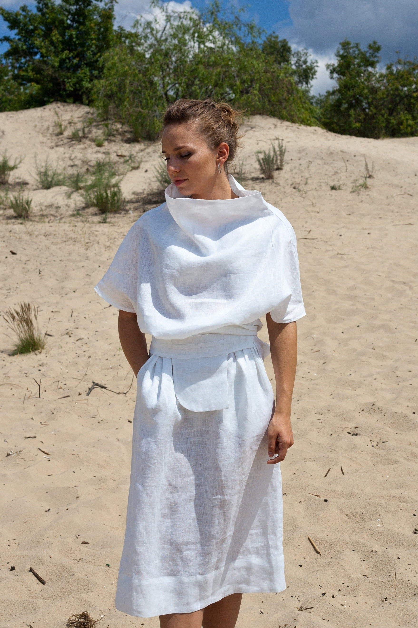 white blouson dress