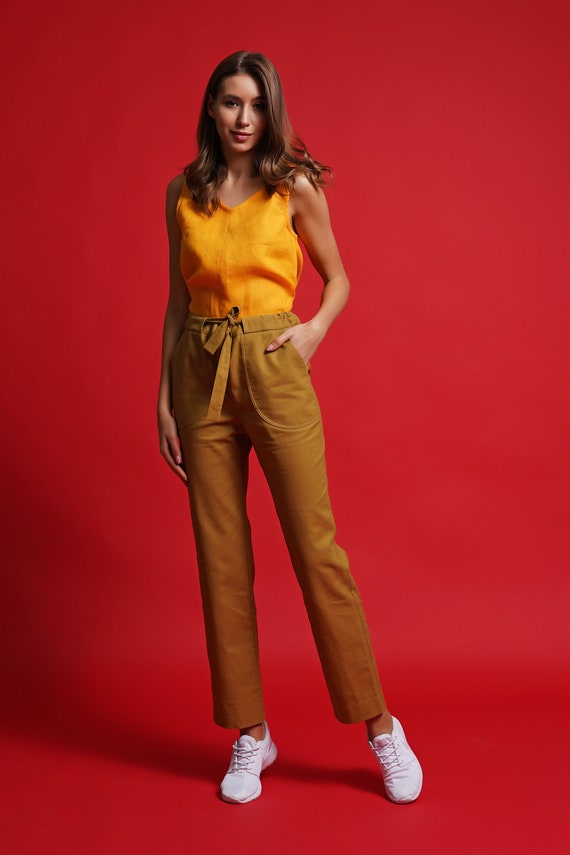Women Summer High Waisted Cotton Linen Palazzo Pants Wide Leg Long Lounge Pant Trousers With Pocket White S