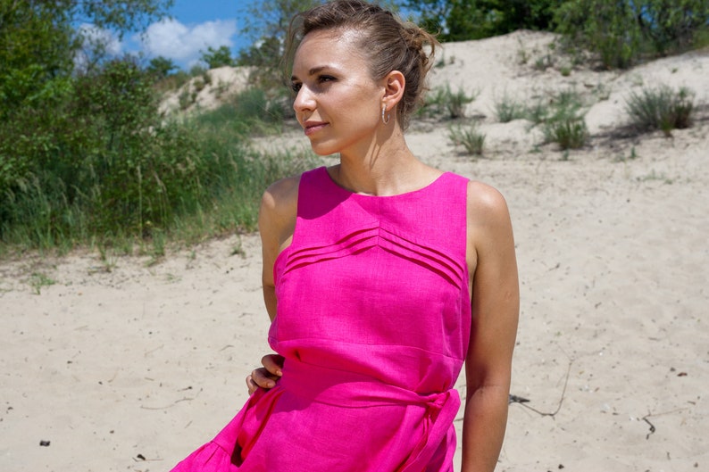 Hot pink linen dress, Linen dresses for women, Fuchsia Ruffled summer clothing, Belted sleeveless casual designer linen clothing