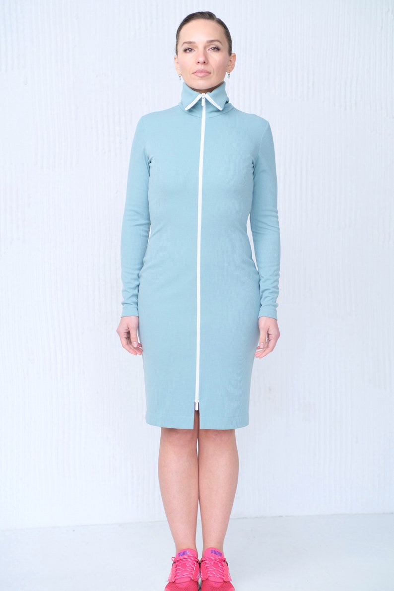 Turtleneck Zip Dress, Front zipper dress women, Fitted long sleeve dress, Jersey stretchy High neck dress, Bodycon dresses for women