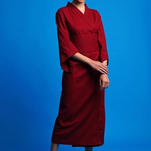 Linen long kimono robe, High neck handmade bathrobe, Red linen robe, Natural spa robe, Womans robe, Wrap linen dress Linen clothing MERCES image 5