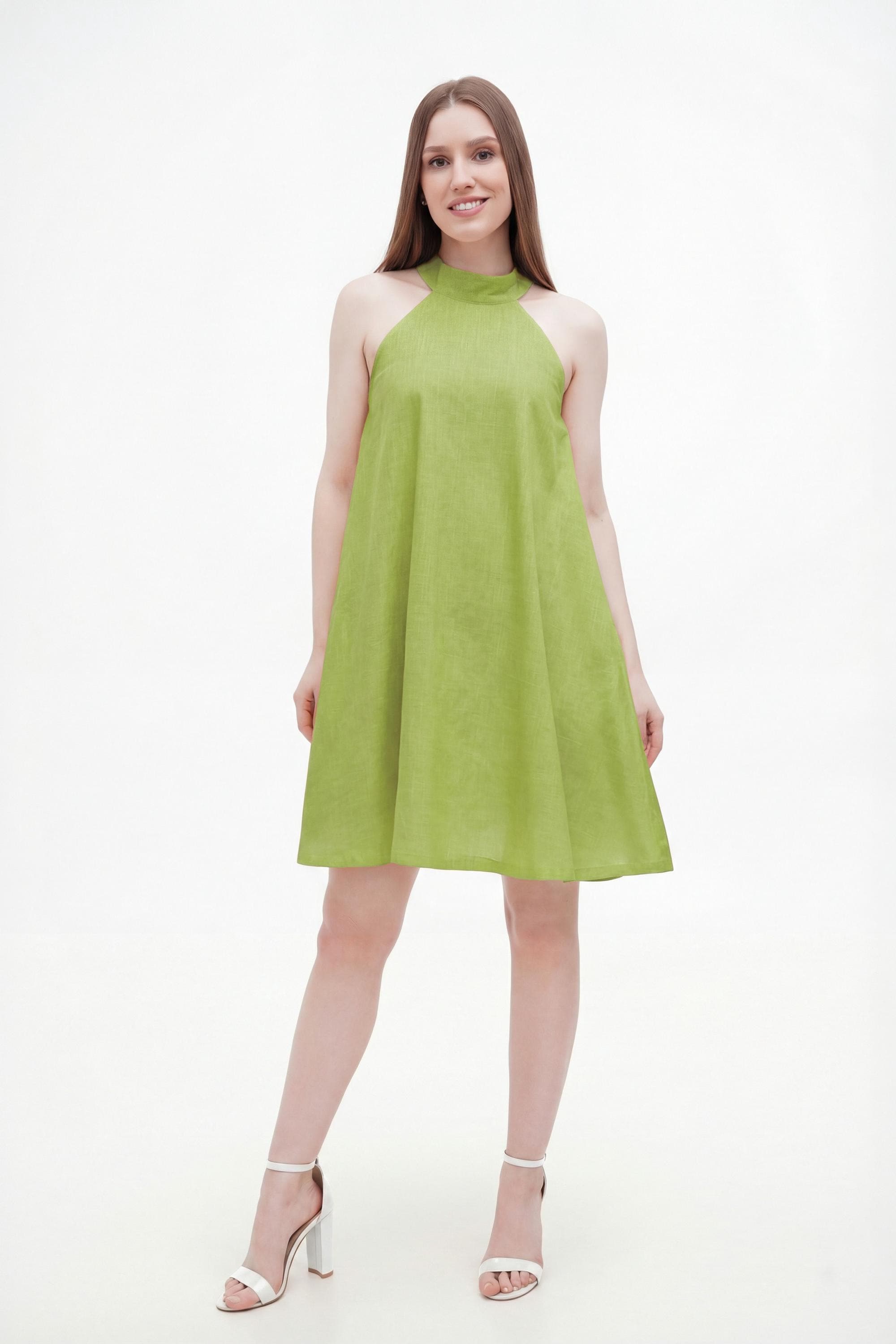 green linen halter neck dress Fheaev Women's Maxi Dress Linen Halter Neck Sleeveless Pleated Backless with Pockets Solid for Vacation Army Green S, Size: Small
