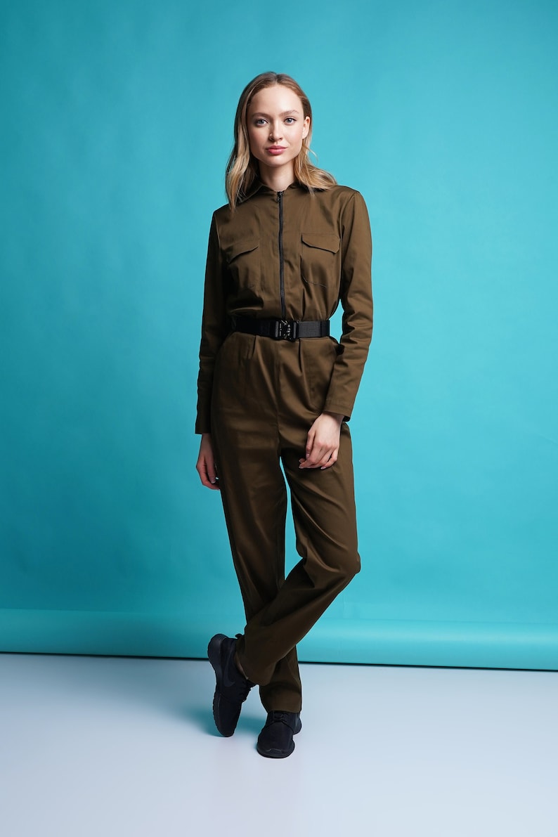 Denim boiler suit womens, Army green utility jumpsuit long sleeve, Zip Techwear womens jumpsuit, Sci fi coveralls, Cyberpunk clothing MERCES image 1