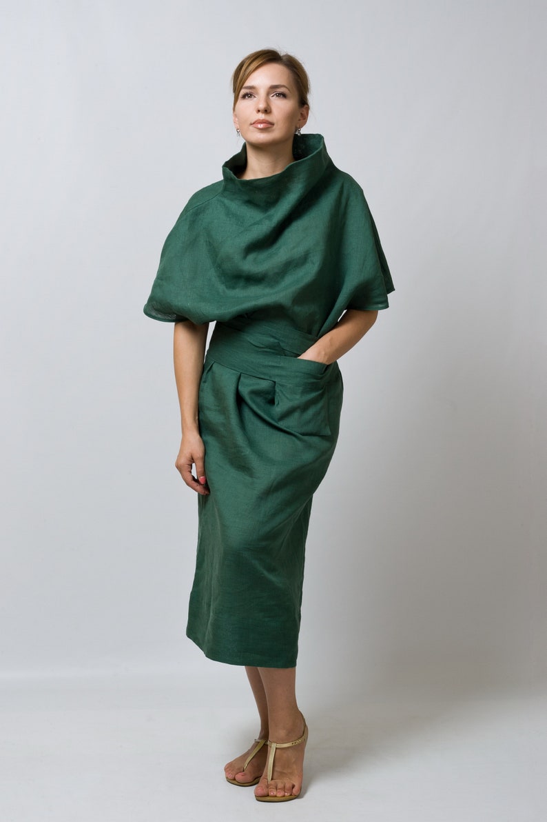 Avant garde dress, Linen kimono dress, Green linen dresses for women, Linen clothing, Funnel neck cowl dress, Avant garde clothing