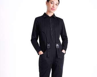 Black Cotton Utility Jumpsuit, Cyberpunk Flight Suit
