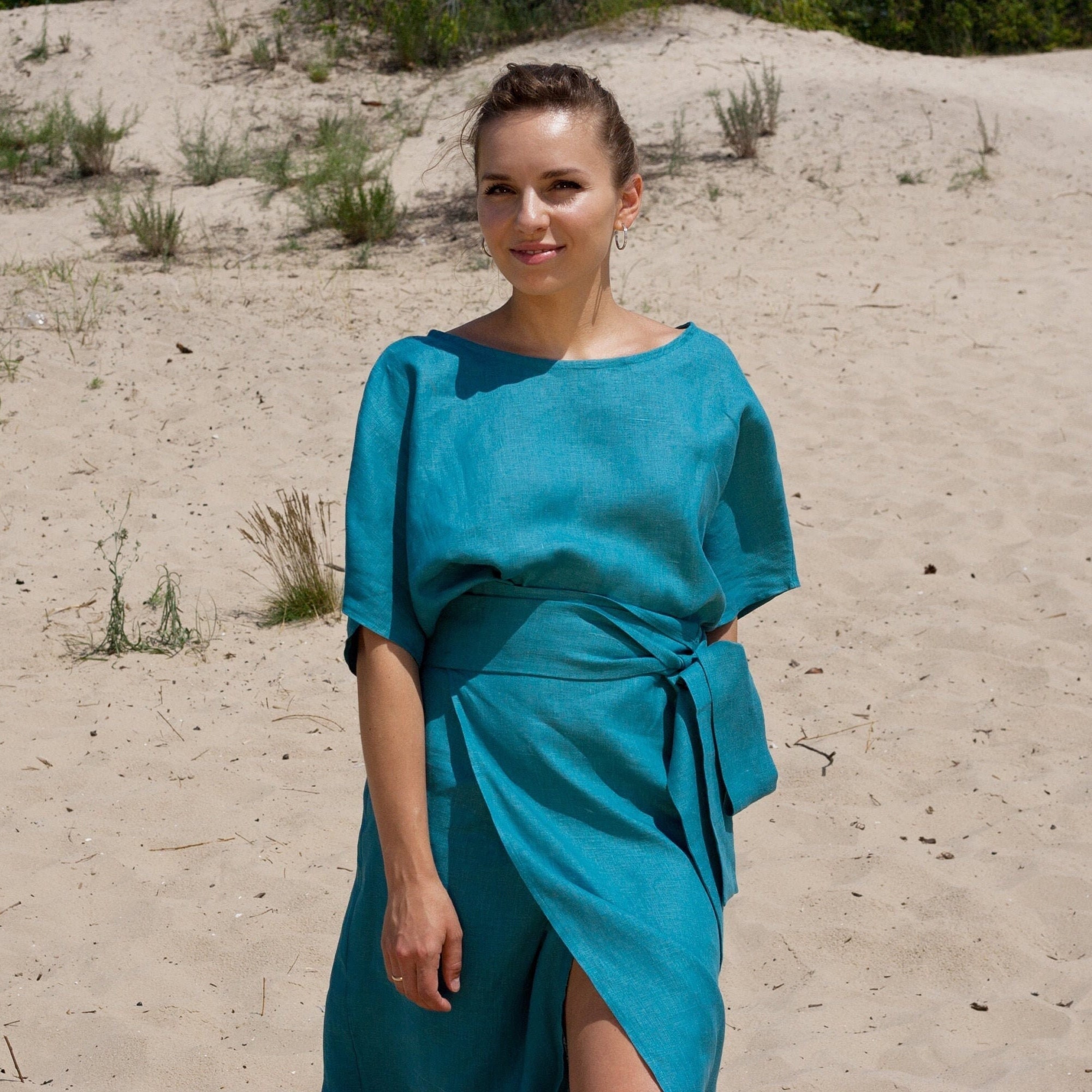 Kimono Linen Dolman Dress Women Peacock Blue Linen Wrap Dress Casual Modest Simple Belted Midi Tunic Dresses for Women Linen Clothing Merces