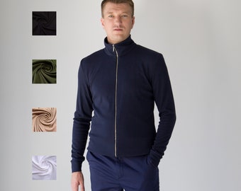 Blazer blu navy con zip da uomo, giacca con zip intera da uomo, finta zip intera, giacca in jersey elasticizzato, maglione nero con zip frontale, capospalla in maglia primaverile-autunnale