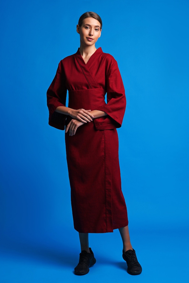 Linen long kimono robe, High neck handmade bathrobe, Red linen robe, Natural spa robe, Womans robe, Wrap linen dress Linen clothing MERCES image 1