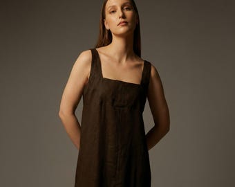 Black Linen Maxi Dress, Square Neck Sundress with Pockets, Sleeveless Shift Dress, Minimalist Summer Dress, Elegant Casual Dress Women