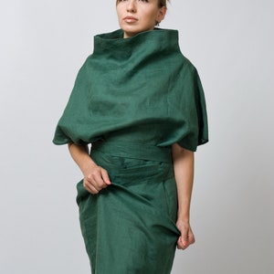 Avant garde dress, Linen kimono dress, Green linen dresses for women, Linen clothing, Funnel neck cowl dress, Avant garde clothing