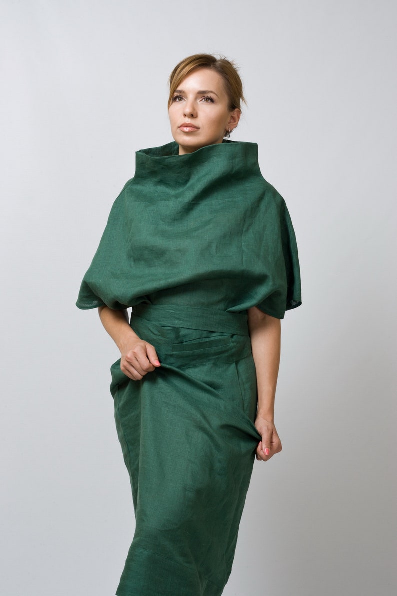 Avant garde dress, Linen kimono dress, Green linen dresses for women, Linen clothing, Funnel neck cowl dress, Avant garde clothing