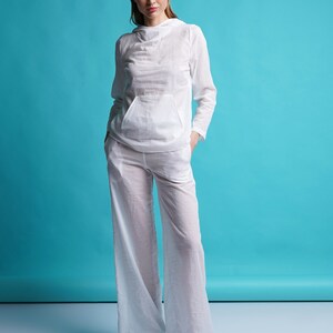 Flowy white beach pants women, Cotton wide leg summer pants, High waist palazzo pants, Elastic waist Relaxed fit pants, Sheer pants