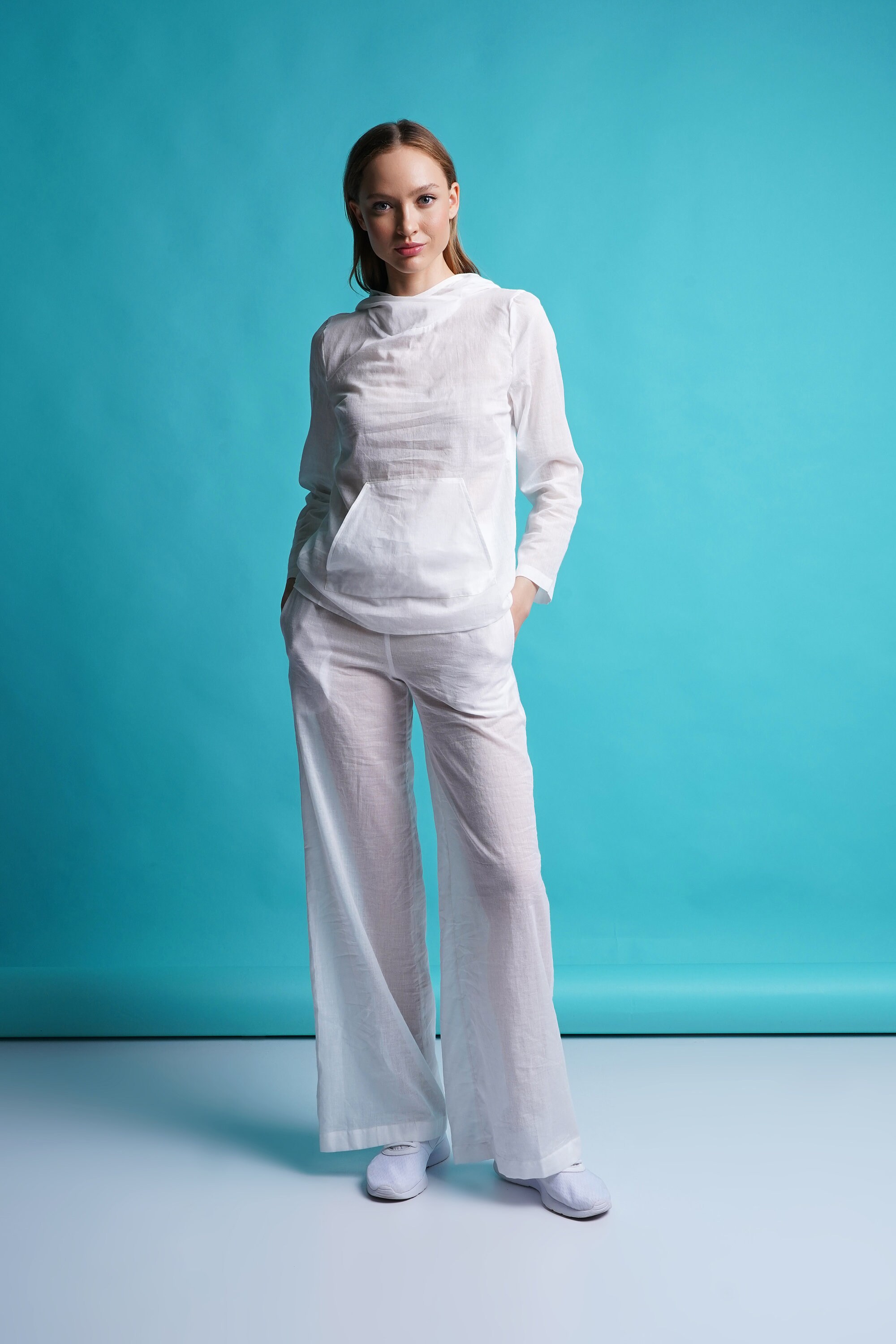 White Cotton Beach Pant Suit Women, Lightweight Summer Loungewear Set, Kangaroo Pocket Hooded