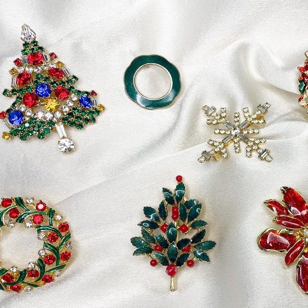 Vintage Brooches - Holiday Jewelry - Christmas Tree, Holiday Wreath, Snowflakes, and Holly Berries