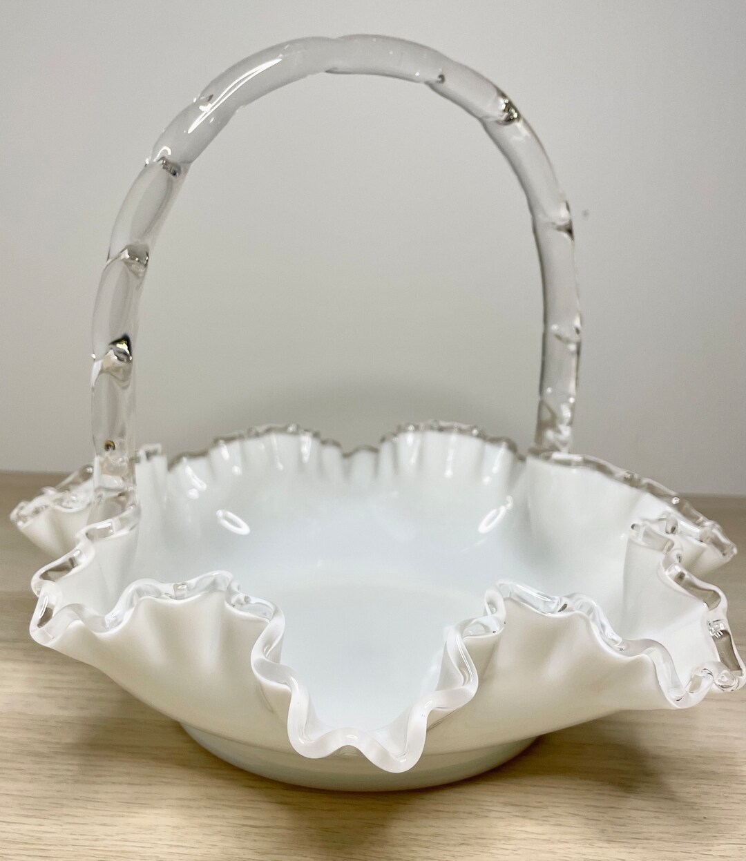 Vintage Fenton Silver Crest Milk Glass Ruffled Edge Basket With Bamboo