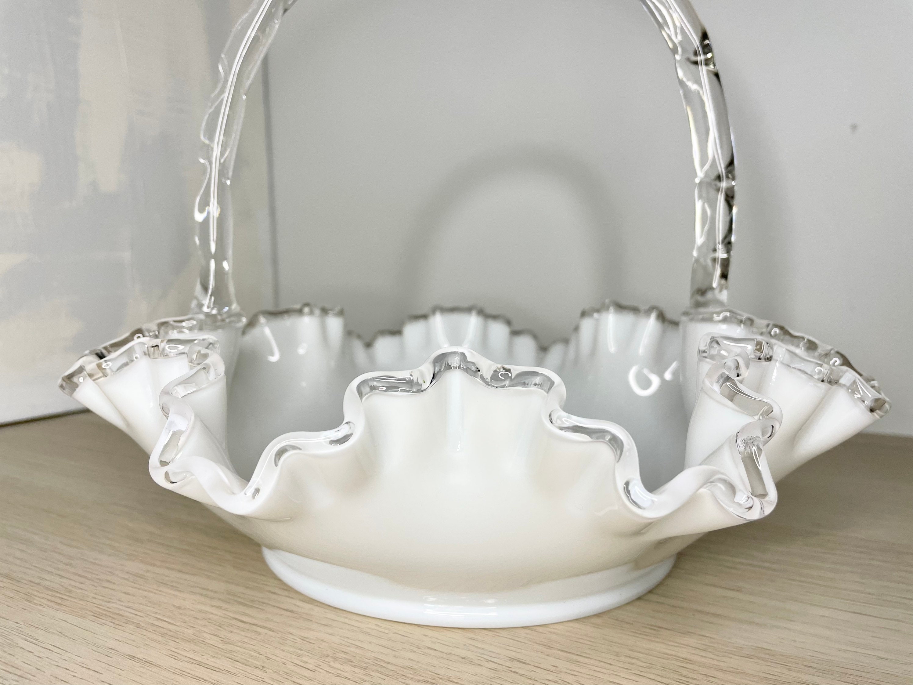 Vintage Fenton Silver Crest Milk Glass Ruffled Edge Basket With Bamboo