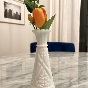White Milk Glass Vase  - Small Floral Milk Glass - Anchor Hocking, Stars & Bars Pattern